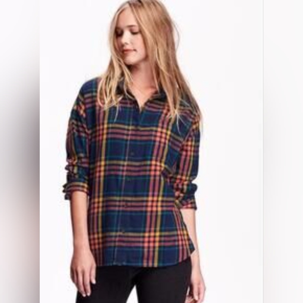 Old Navy Blue Long Sleeve Plaid Flannel Button Down Shirt Size SP